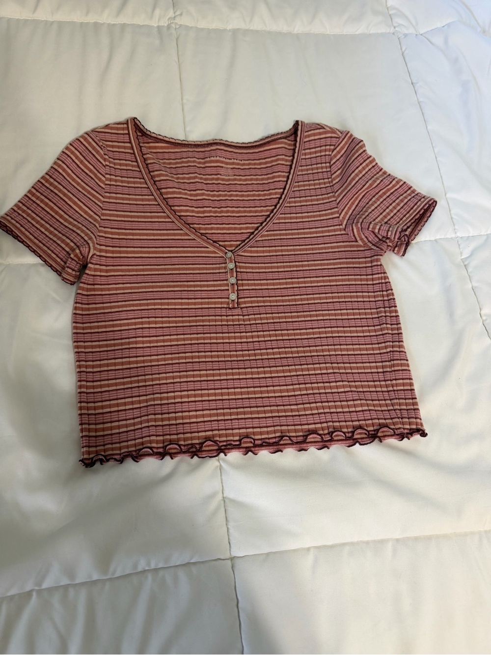 American Eagle Outfitters Pink Striped Ribbed V-Neck Crop Top